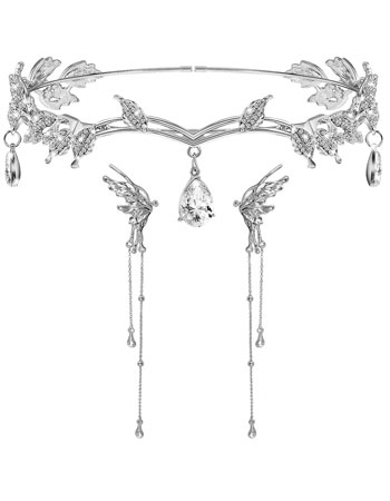 tiara élfica diadema corona pendientes metal plata piedra